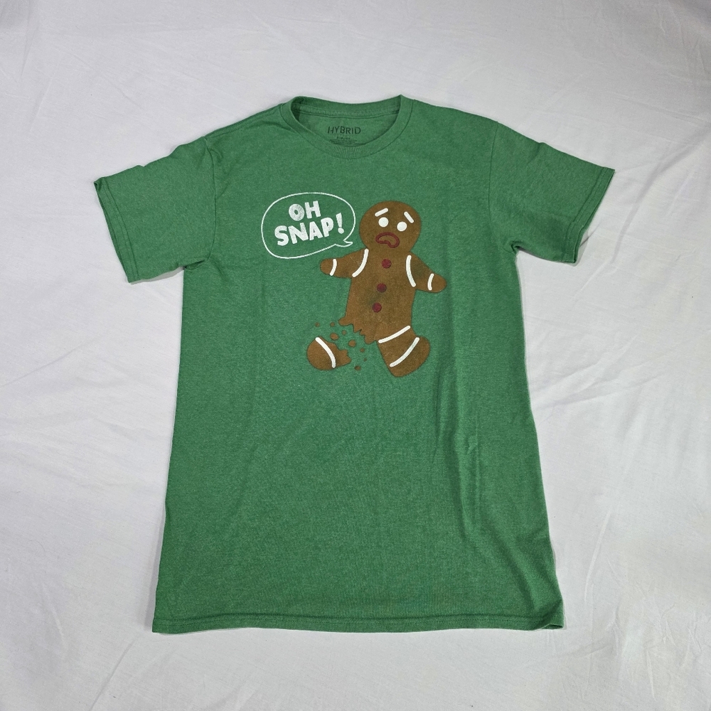 Hybrid Green Gingerbread Graphic "Oh Snap" Cotton Blend Short Sleeve Tee Shirt.